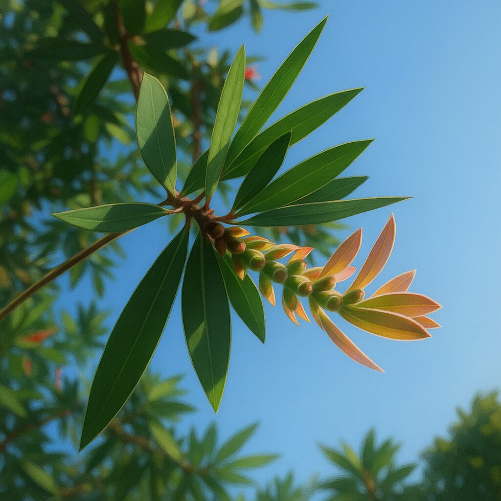 青空を背景に、ブラシノキ(Callistemon)の若いつぼみと細長い葉が上向きに伸びている様子