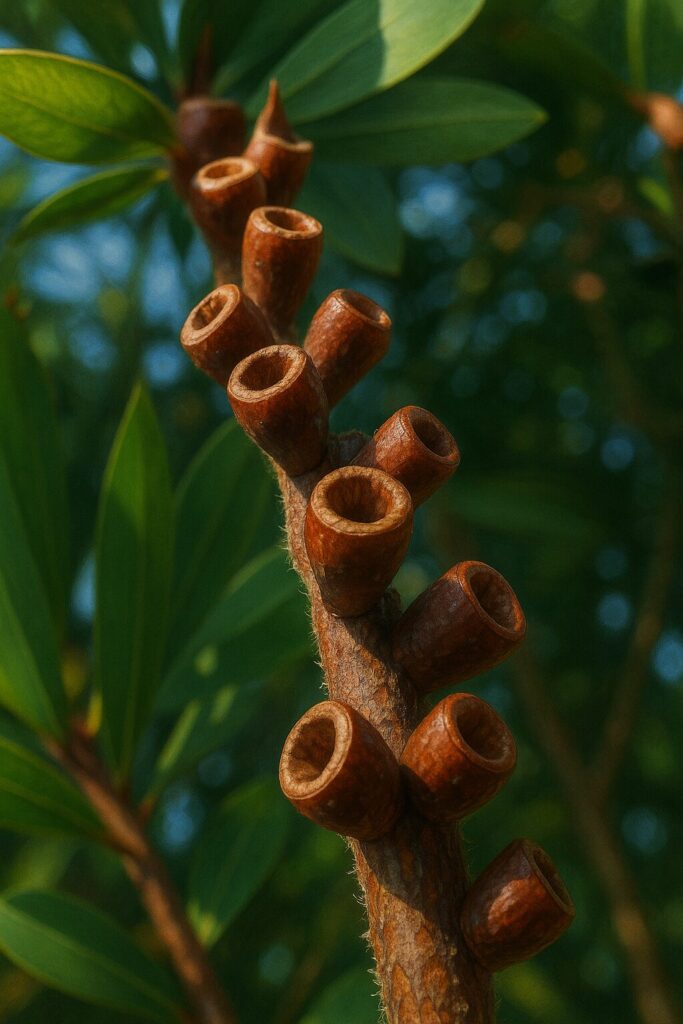 ブラシノキ(Callistemon)の枝に並ぶ、花の後にできる木質の実(果実)のクローズアップ。背景には緑の葉が広がっている