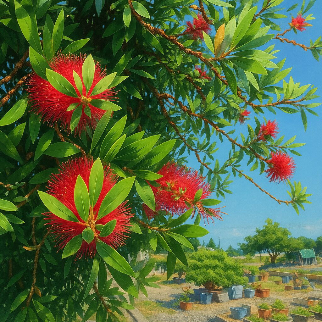 青空の下、鮮やかな赤い花を咲かせたブラシノキ(Callistemon)の枝。細長い葉と特徴的な花が茂った様子