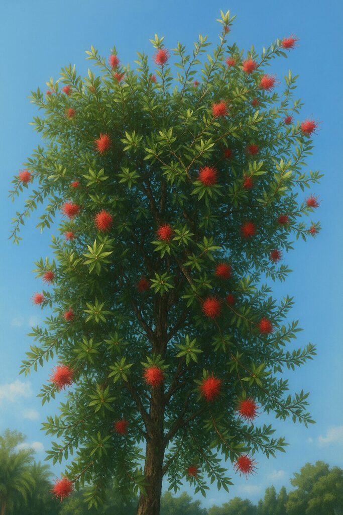 青空のもとに立つブラシノキ(Callistemon)の全体像。樹冠には赤い花が点在し、緑の葉と共に生い茂っている