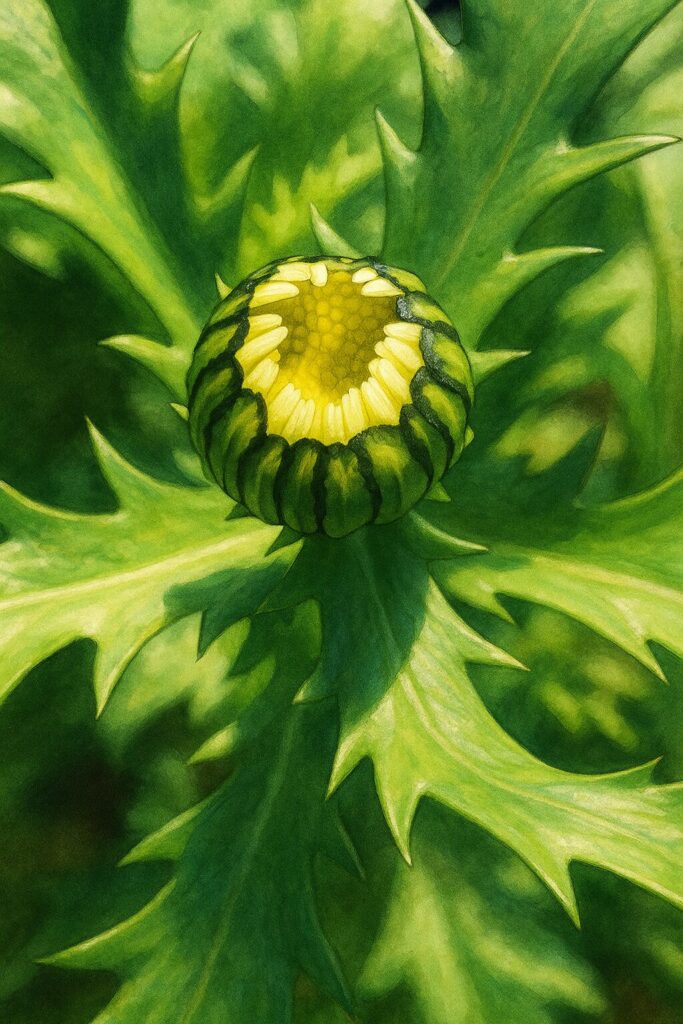 ギザギザした葉に囲まれたフランスギクのつぼみを中央に描いた植物画