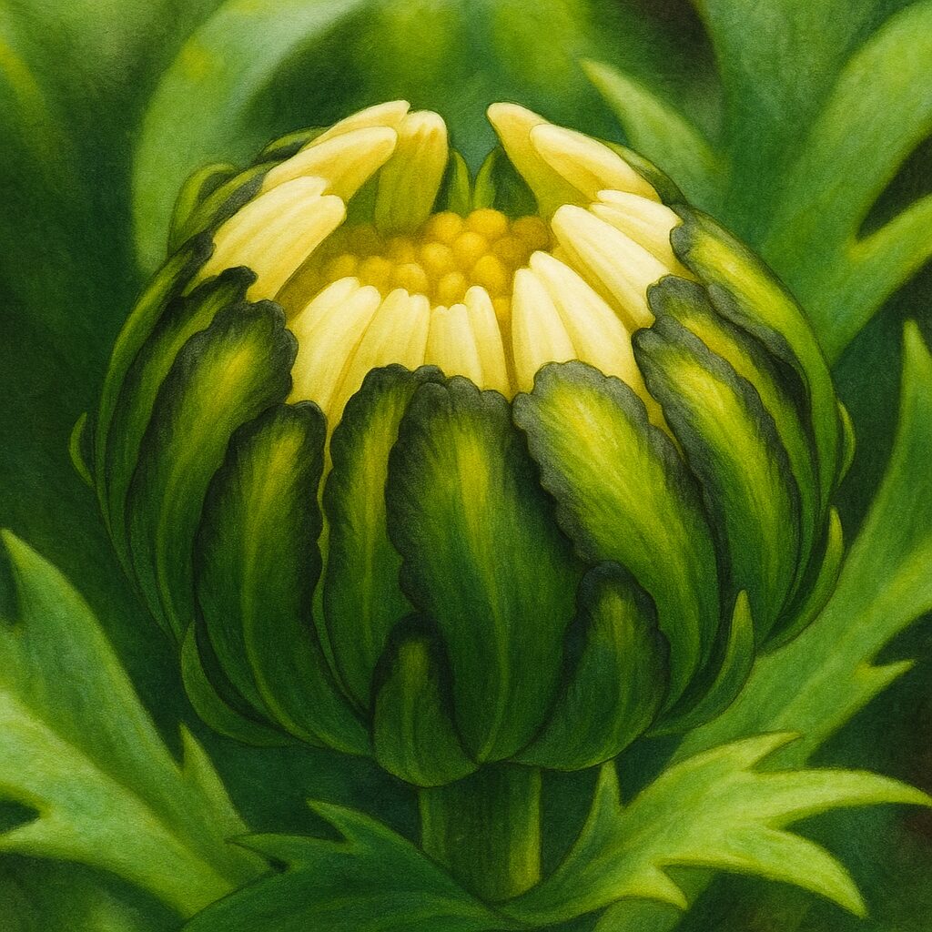 花弁が開きかけたフランスギクのつぼみをリアルに描いたボタニカルイラスト
