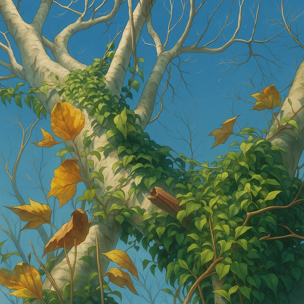 冬枯れの木に緑のツタが絡まるイラスト、青空背景