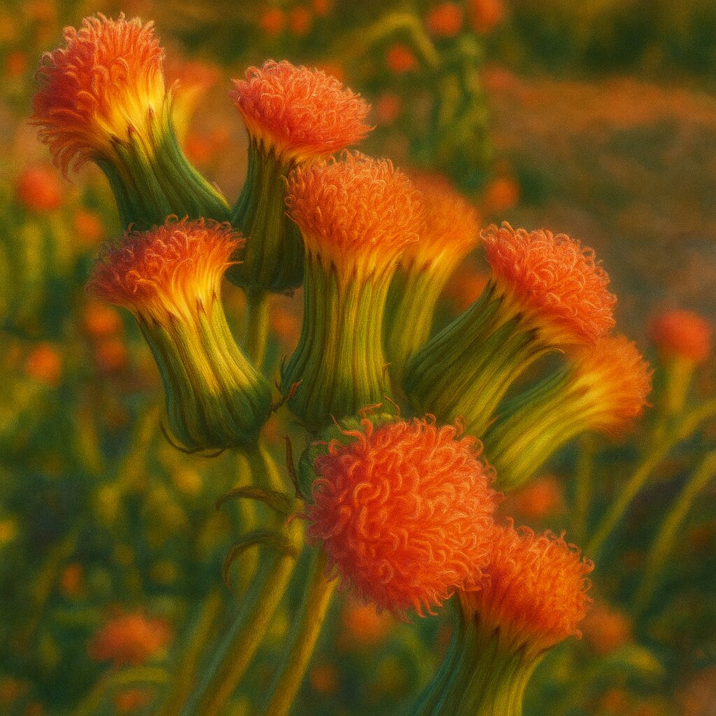 複数のベニバナボロギクが咲きそろう群生を描いた夕方風景の植物イラスト