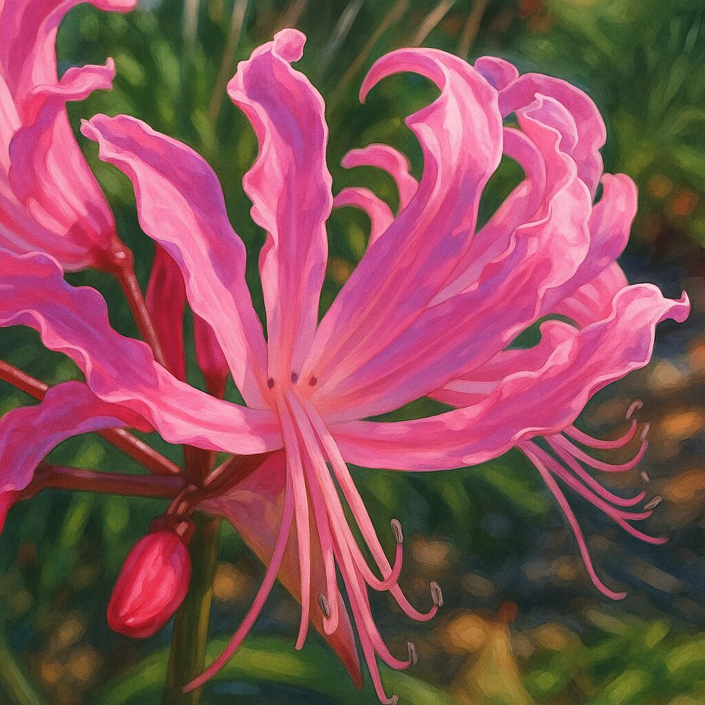 ネリネボウデニーのピンクの花を繊細に描いた接写イラスト、光沢感ある花弁がリアルに表現されている