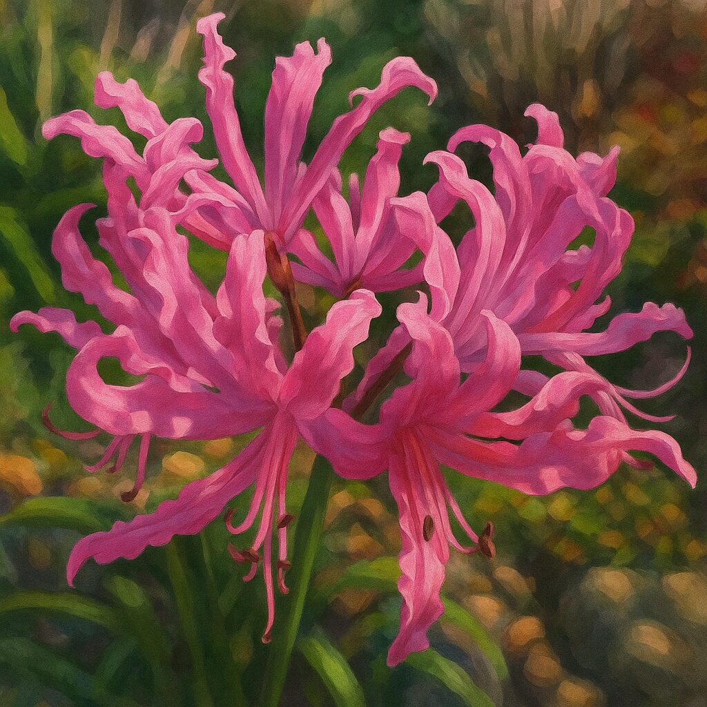 2輪のネリネボウデニーを描いたイラスト、波打つ花びらが美しく広がる構図