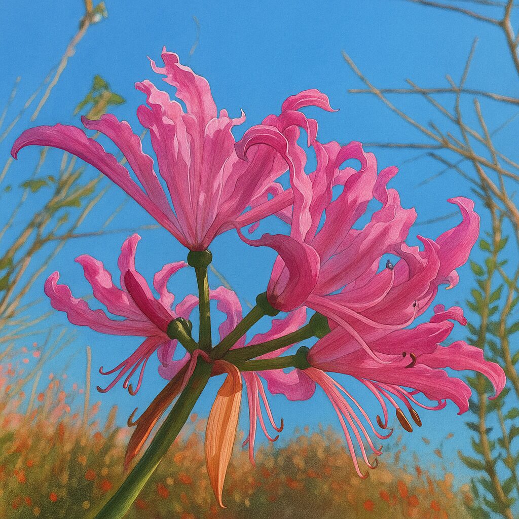 青空の下で咲くネリネボウデニーを下から見上げる構図のイラスト、躍動感ある花姿が印象的