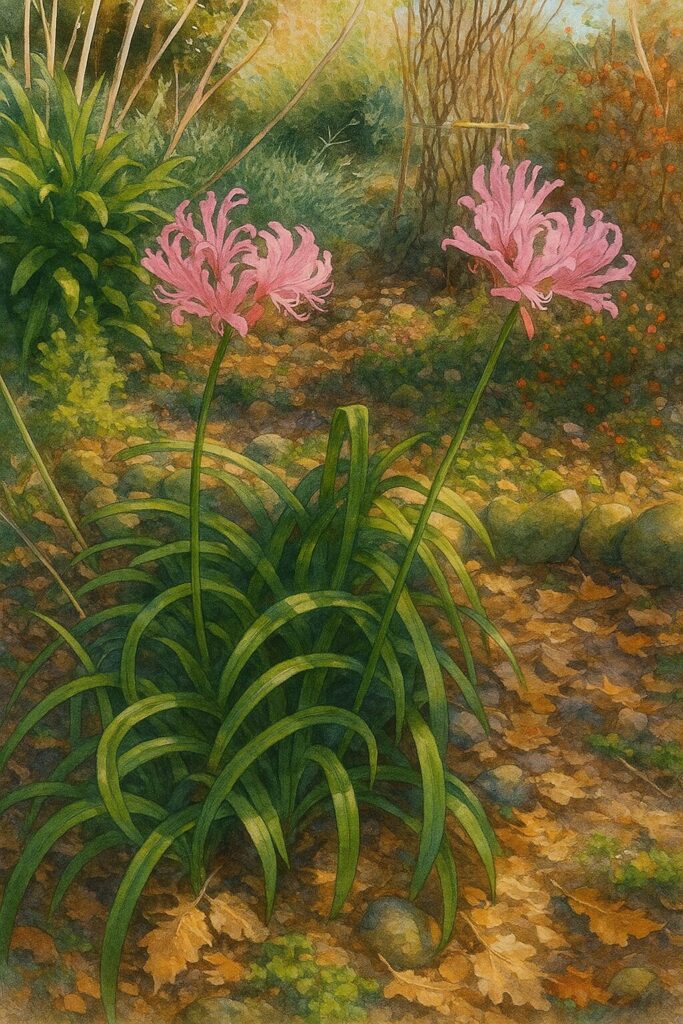秋の庭に咲くネリネボウデニーの風景イラスト、背景に植物が広がり季節感を感じさせる構図