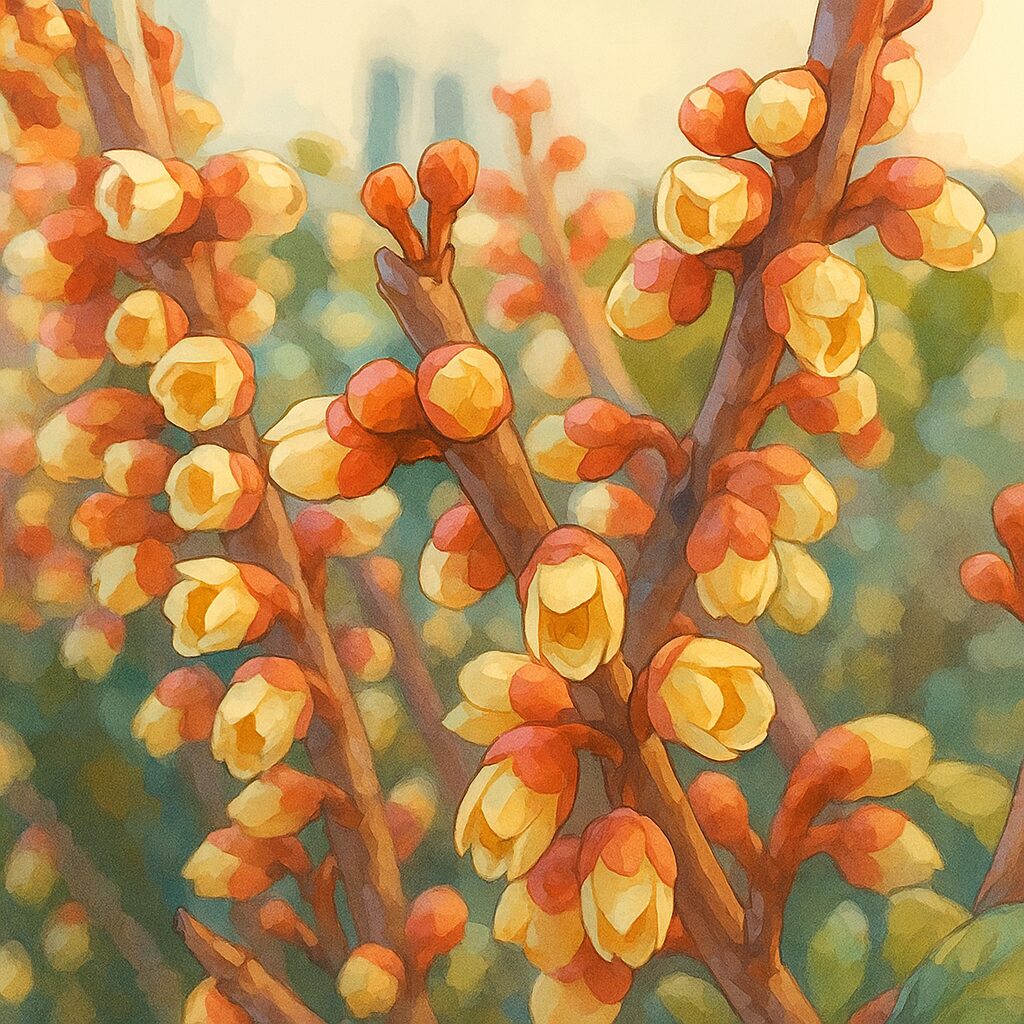 多数のハマヒサカキの蕾と咲きかけた花が枝に密集する様子を描いた植物画