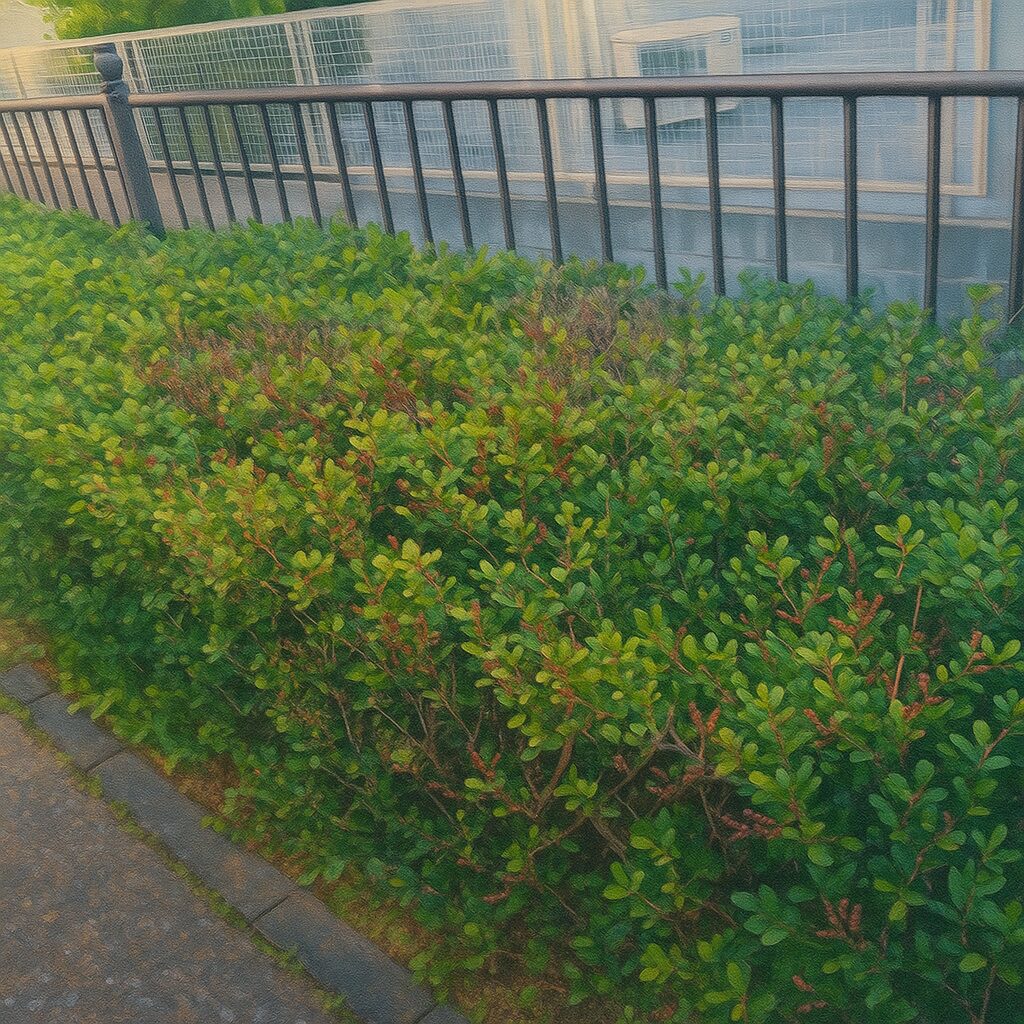 街路の生け垣として整えられたハマヒサカキの全体像を描いた風景イラスト