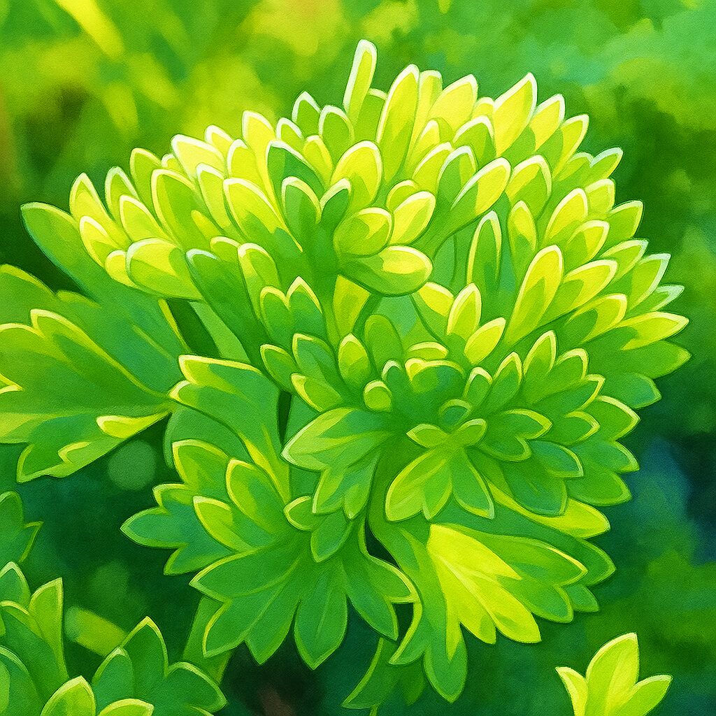 太陽の光を浴びて明るく描かれたパセリの新芽のイラスト