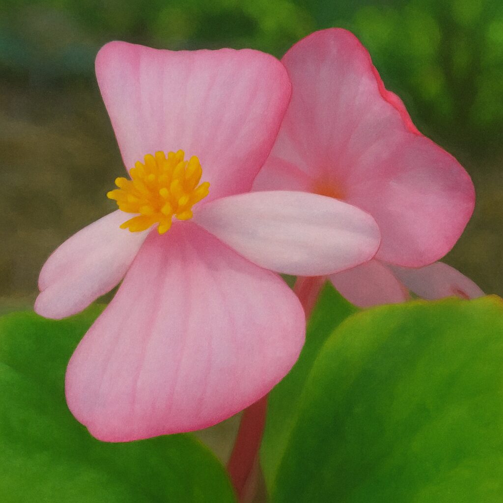 淡いピンクのベゴニアの花が緑の葉の上に咲いている様子
