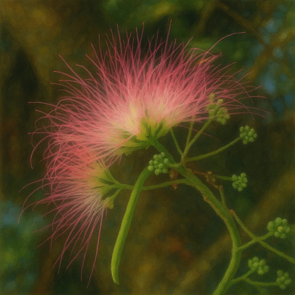 ネムノキの繊細なピンクの花糸が広がる接写イラスト