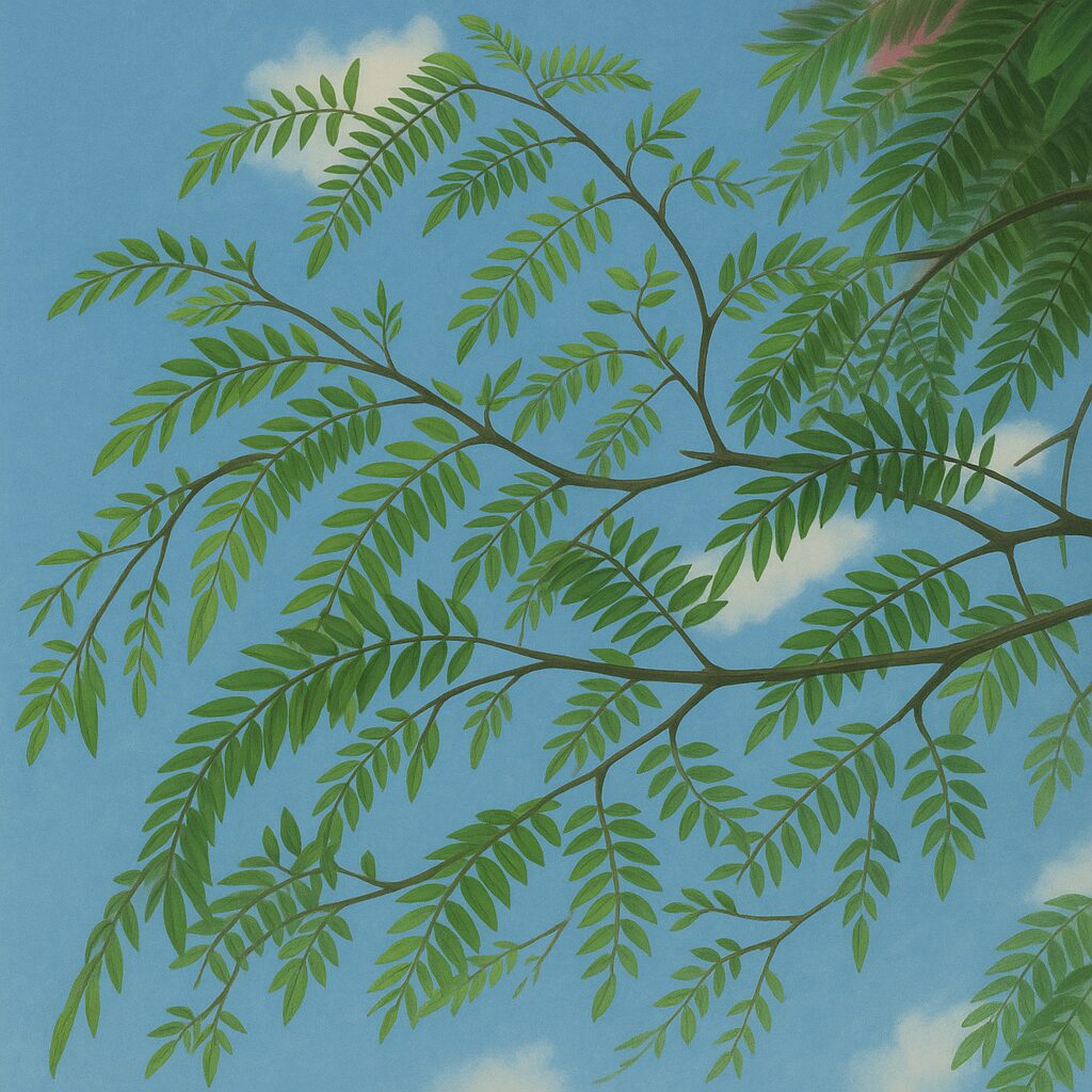 青空に映えるネムノキの羽状複葉と枝の広がりイラスト