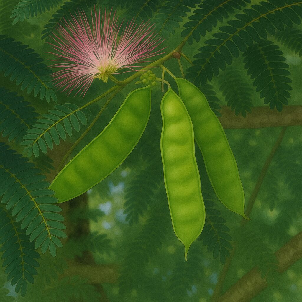 ネムノキの葉陰にぶら下がる緑色の豆果と花のイラスト