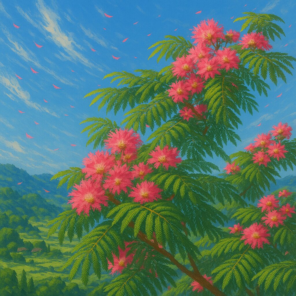 ネムノキの枝に多数の花が咲く様子と広がる葉のイラスト
