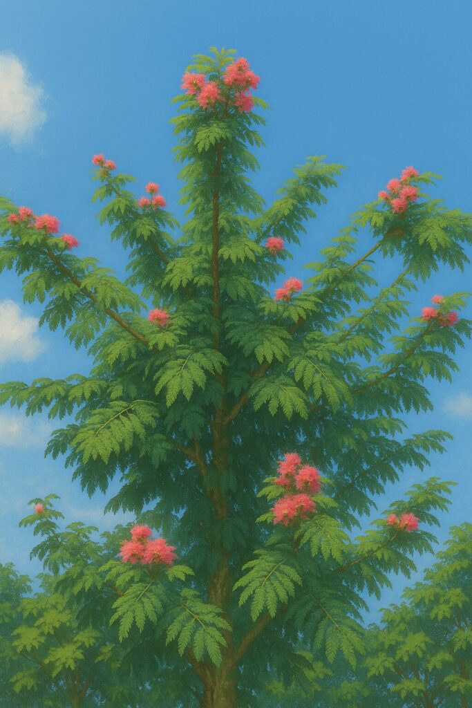ネムノキの全体像と満開の花が広がる夏空の風景イラスト