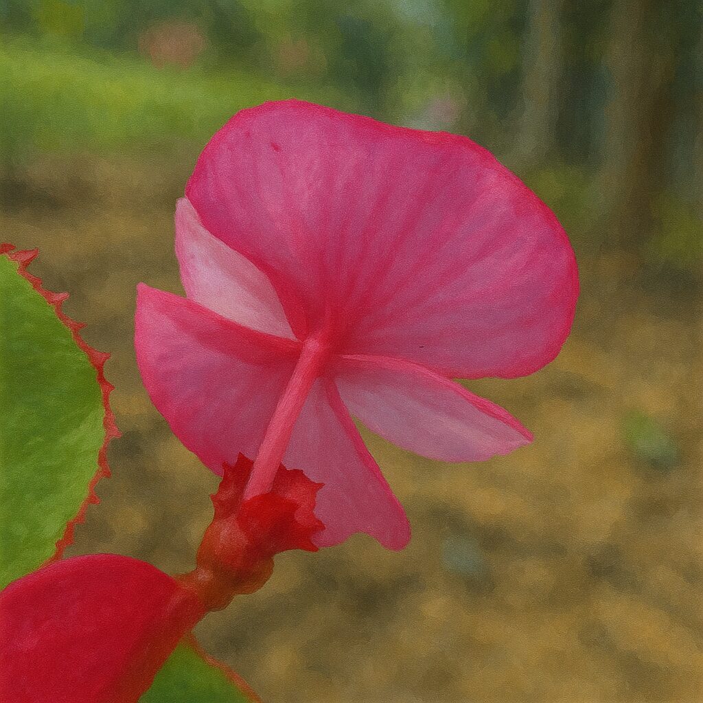 ベゴニアの花の裏側を捉えたマクロ構図、光に透ける花びらが印象的