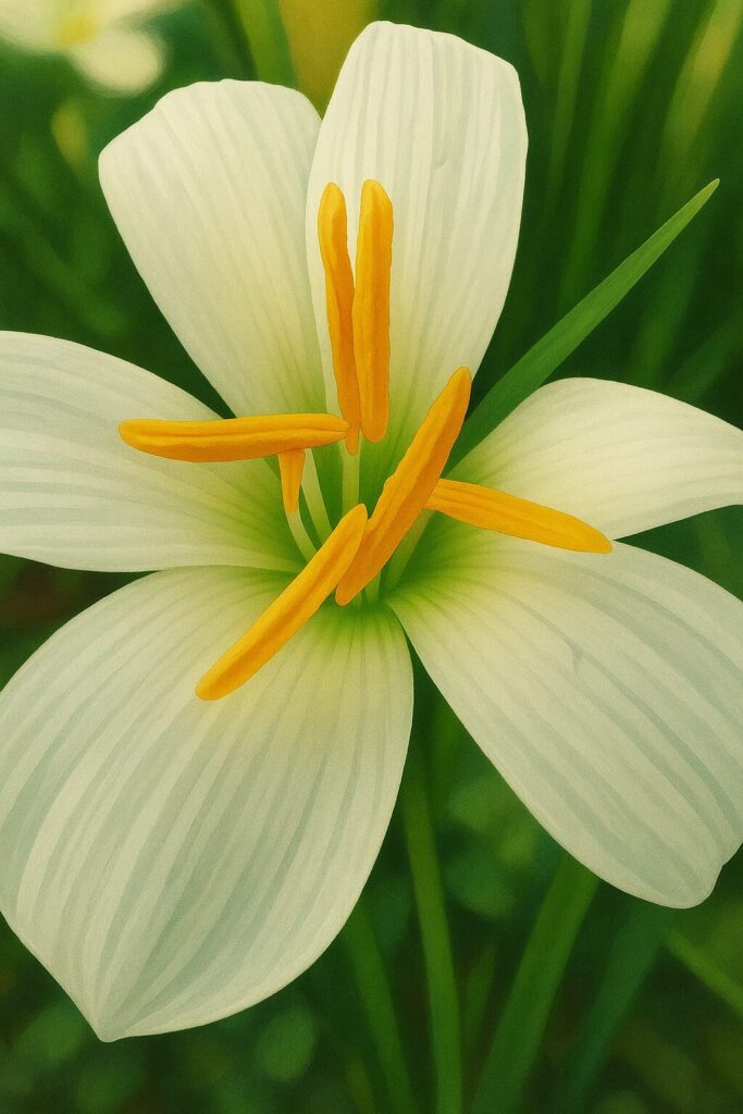 真っ白なタマスダレの花びらと鮮やかな黄色い雄しべの接写イラスト