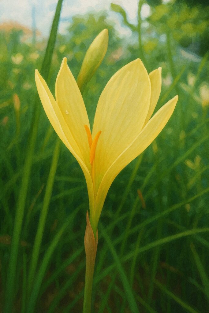 黄色のタマスダレの花が横向きに咲く自然な風景のイラスト