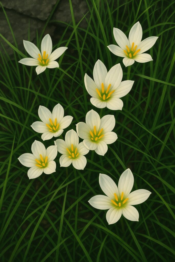 緑の草の中に咲く純白のタマスダレの花々の俯瞰イラスト