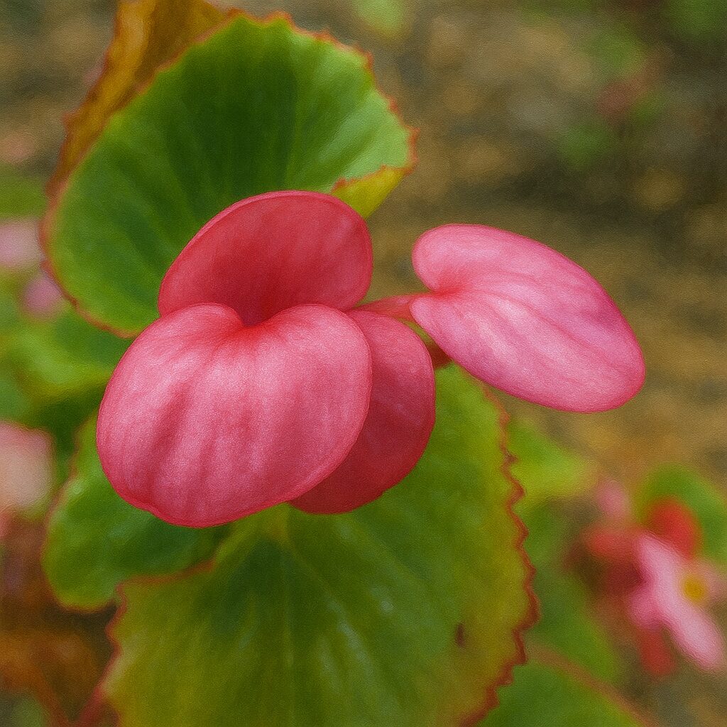 花びらに光沢のあるピンクのベゴニアが複数咲いている様子