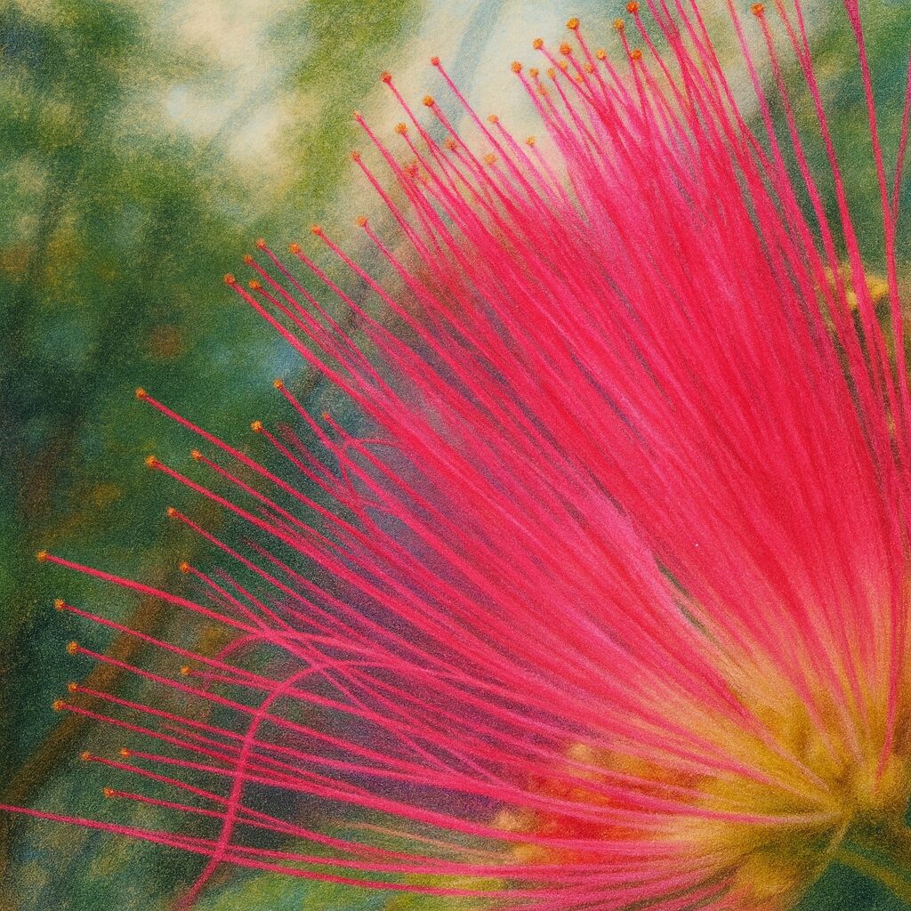 ネムノキの鮮やかなピンクの花糸を描いたプロ風イラスト