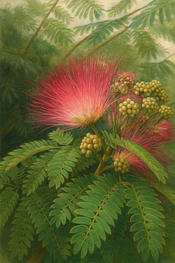 蕾と咲き始めのネムノキの花を表現した植物イラスト