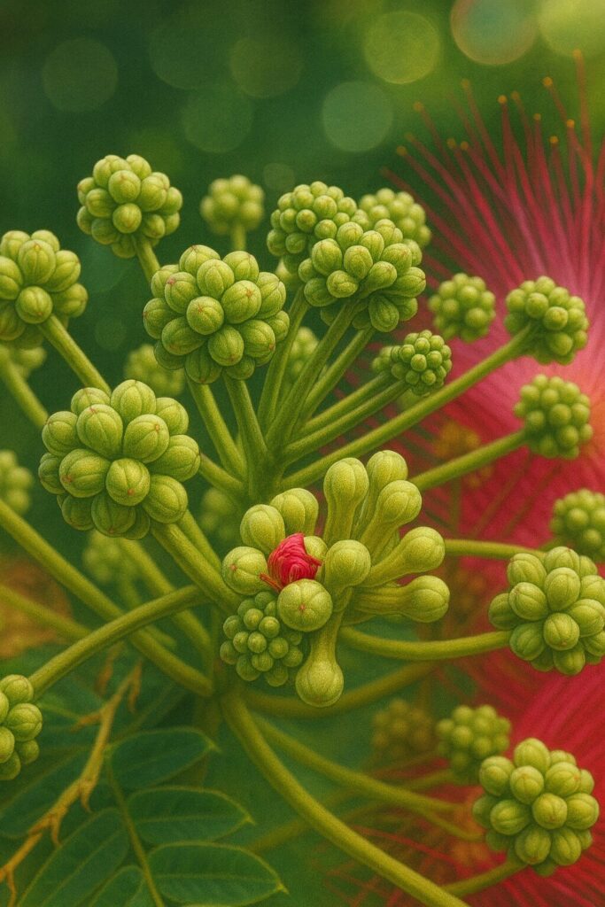 葉の間から咲くネムノキのピンクの花を描いた自然イラスト