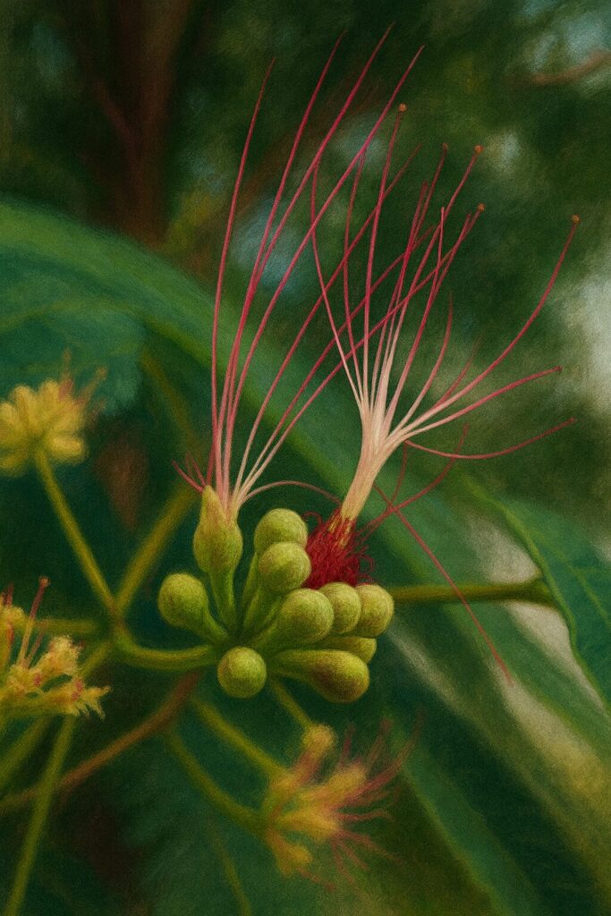 糸状の花を繊細に描写したネムノキの開花イラスト