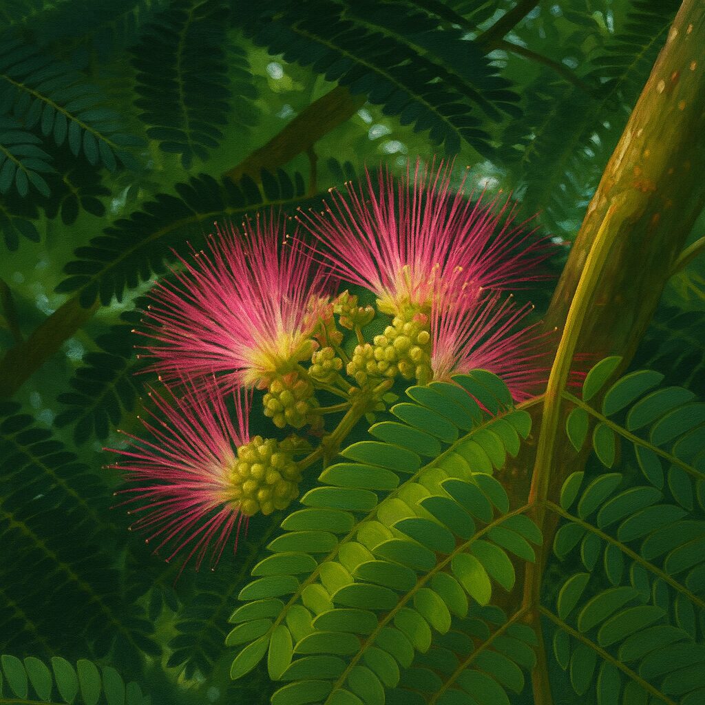 葉に包まれるように咲くネムノキの花と蕾を描いたイラスト