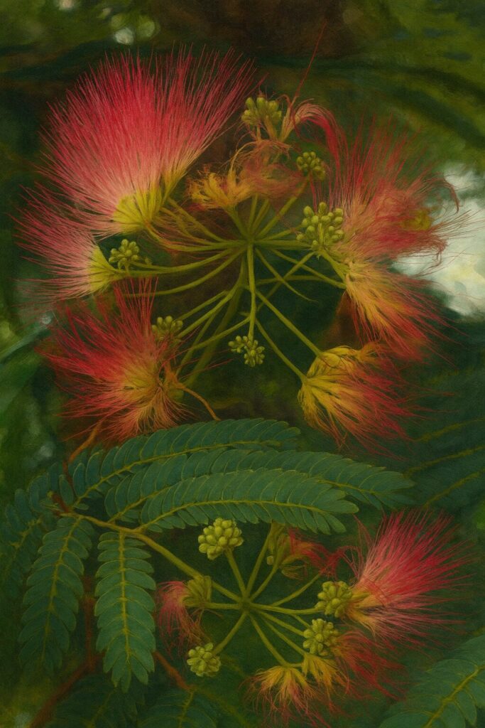 ふわふわと広がるネムノキの花房を描いた精密イラスト