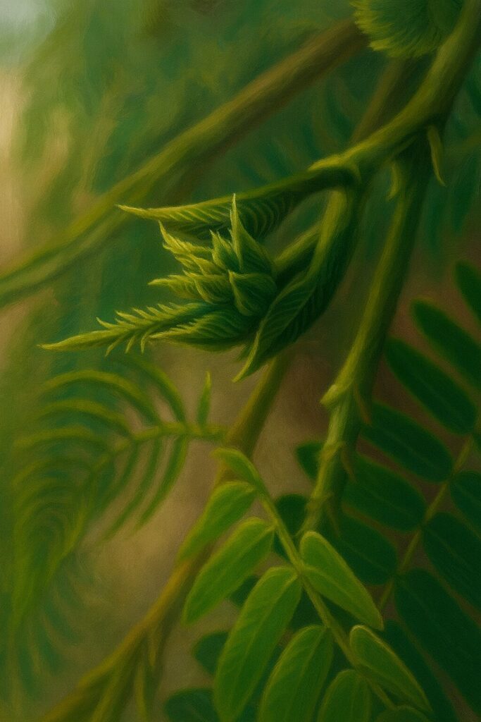 新芽が芽吹くネムノキを写実的に描いた植物イラスト