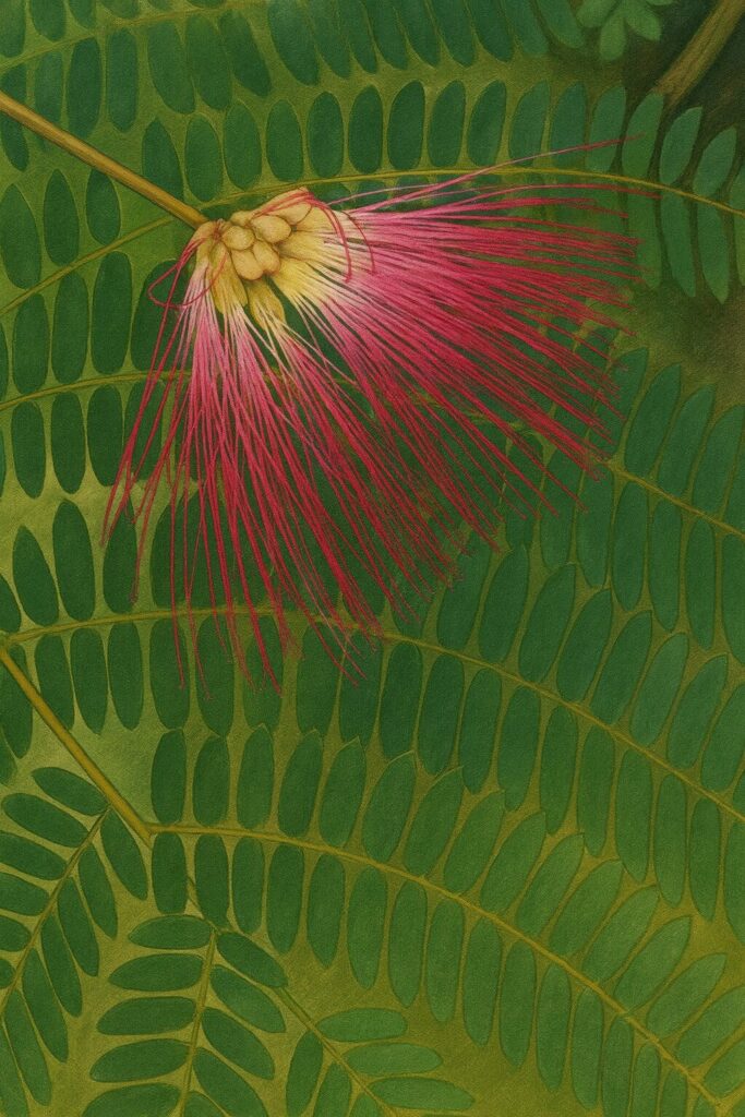 葉の上に咲くネムノキの花を接写風に描いたイラスト