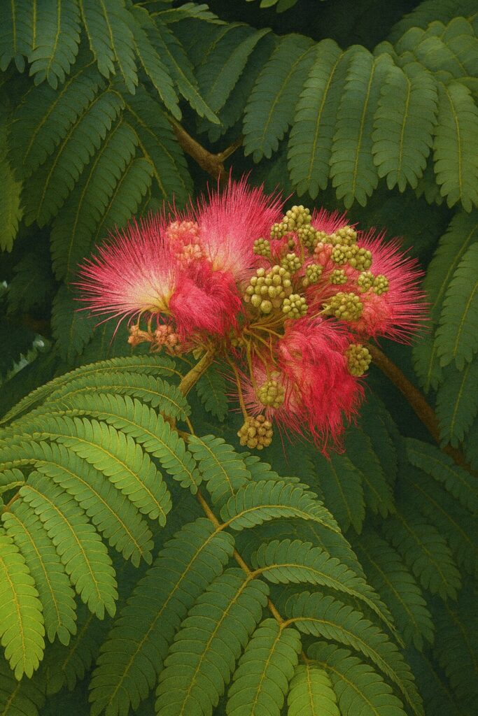 夏に満開となったネムノキの花房を鮮明に描いた植物イラスト