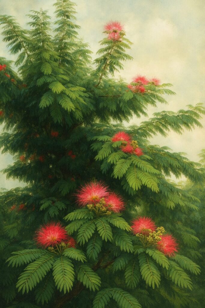 青空に映える大きなネムノキの樹姿を描いた自然風景イラスト