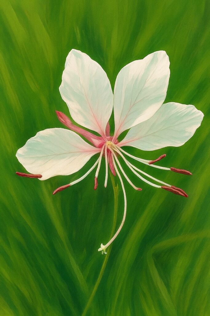 ガウラの白い花を描いたプロ仕上げのボタニカルイラスト|繊細な白い花びらと優雅に伸びる雄しべを表現