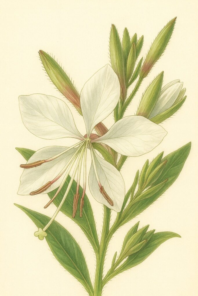 ガウラの花と蕾を描いたボタニカルイラスト|白い花びらと細長い雄しべ、毛に覆われた緑の蕾を精緻に表現