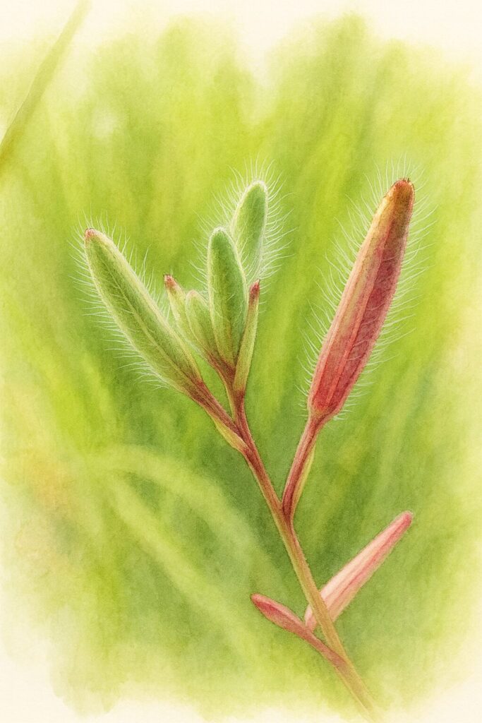 ガウラの蕾を描いたボタニカルイラスト|毛に覆われた細長い緑と赤の蕾をリアルに表現
