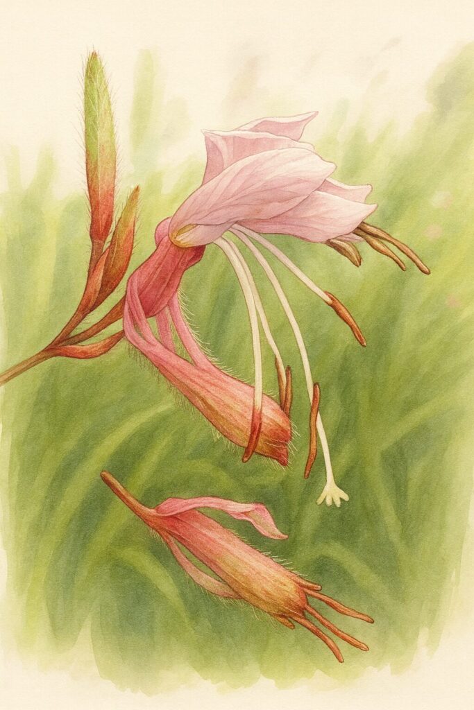 ガウラの薄ピンクの花を描いたボタニカルイラスト|横向きの花びらと長く伸びる雄しべを精緻に表現