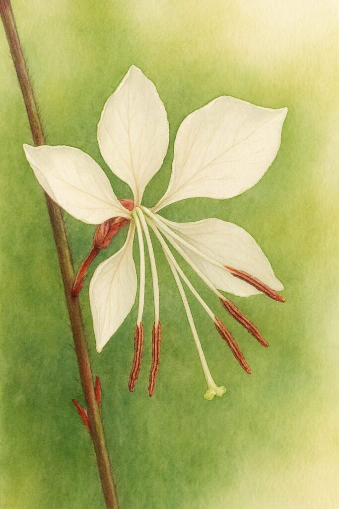 ガウラの花を描いたボタニカルイラスト|淡いピンクの花びらと赤茶色の雄しべを精緻に表現