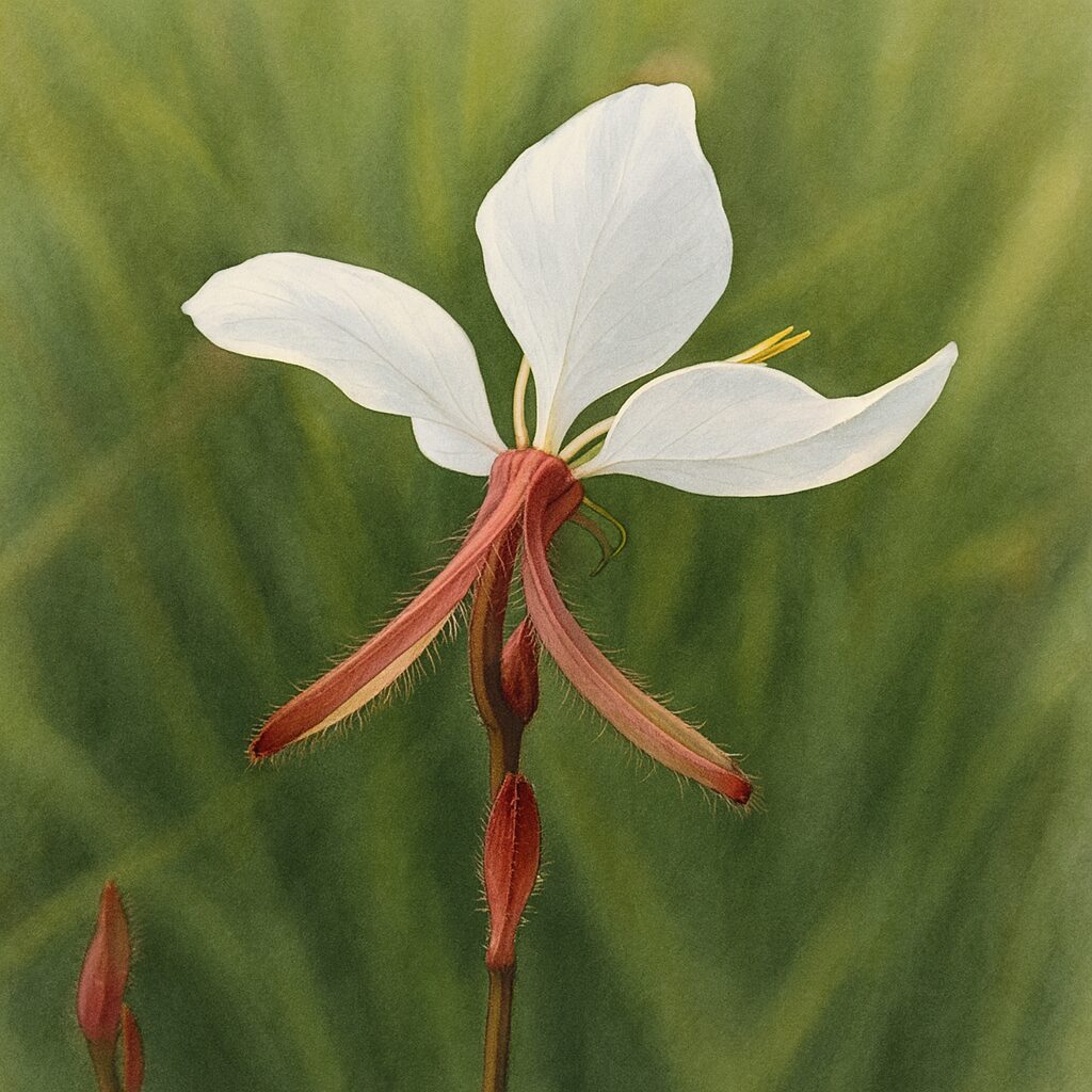 ガウラの白い花を描いたボタニカルイラスト|赤い萼片と繊細な白い花びらを精緻に表現