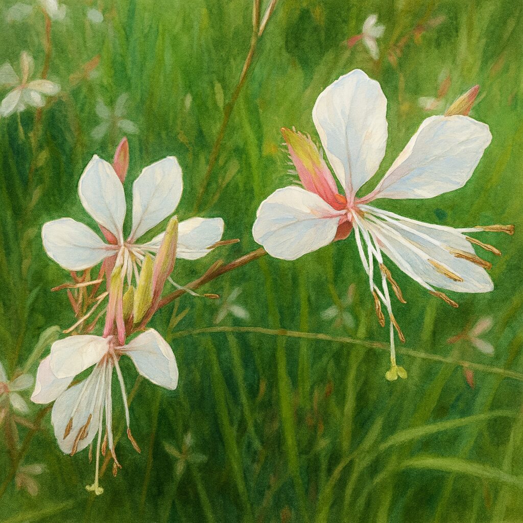ガウラの白い花を描いたボタニカルイラスト|複数の花と蕾をリアルに表現した植物画