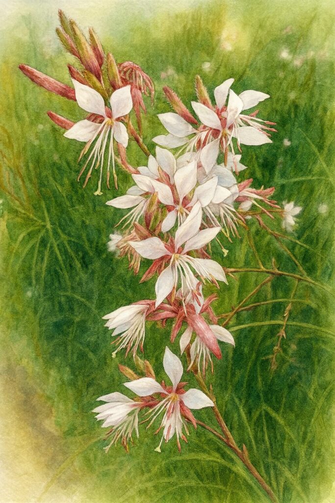 ガウラの花を描いたボタニカルイラスト|赤い茎に咲く白い花が連なる群生を精緻に表現