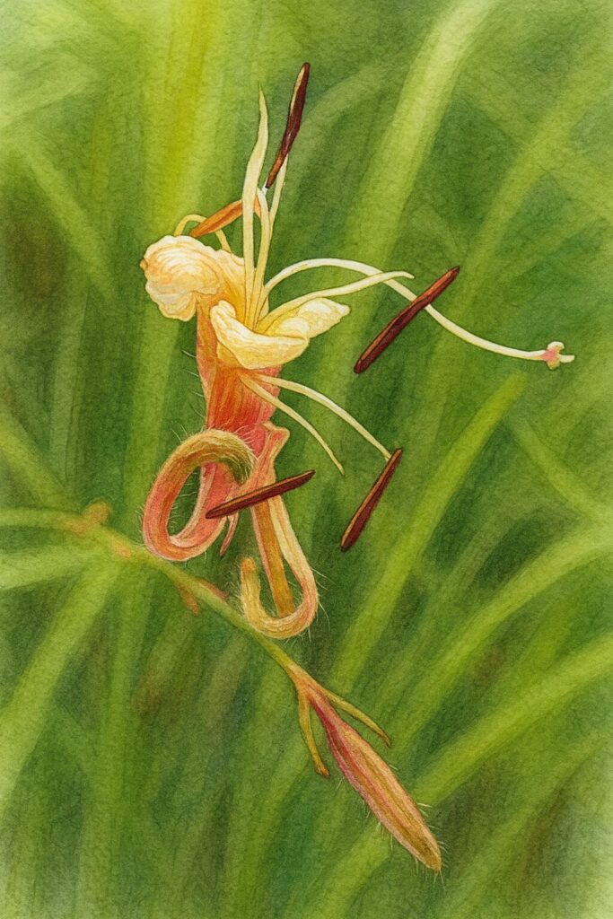 ガウラの花の終わりを描いたボタニカルイラスト|縮れた花びらと赤褐色の雄しべを精緻に表現