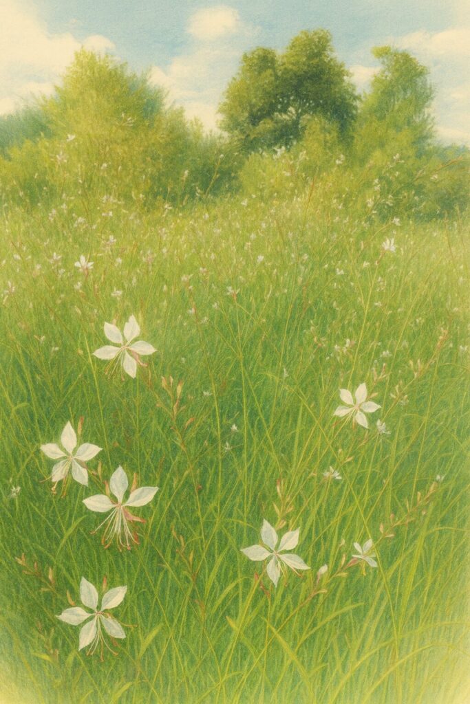 ガウラの群生を描いたボタニカルイラスト|緑の草原に広がる白い花が風に揺れる風景画