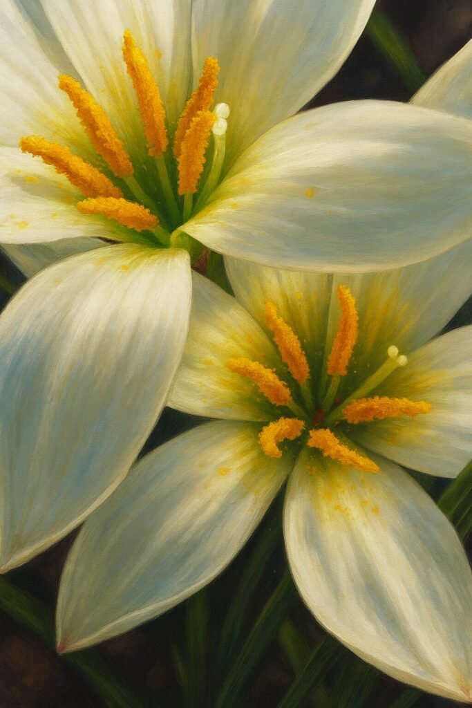 日本の秋に咲くタマスダレの白い花をクローズアップで描いたイラスト