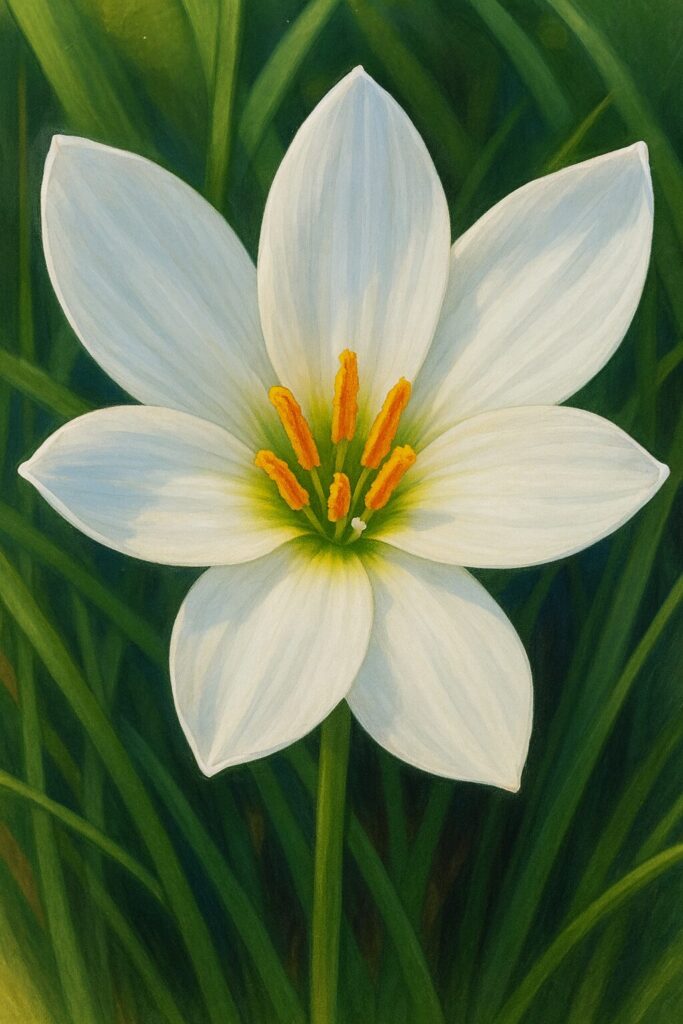 日本の秋に咲くタマスダレの白い花を一輪描いたイラスト