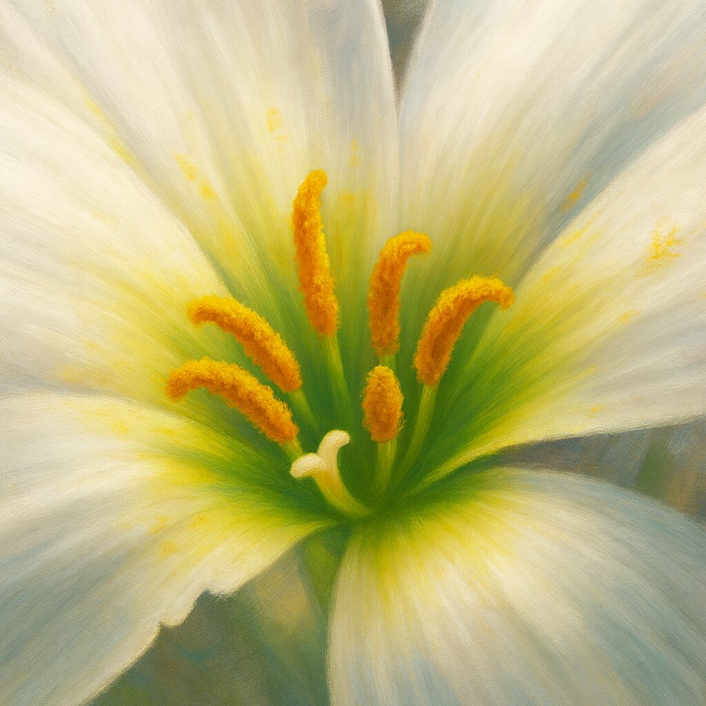 日本の秋に咲くタマスダレの白い花を接写風に描いたイラスト。雄しべと花粉が鮮明に表現されています