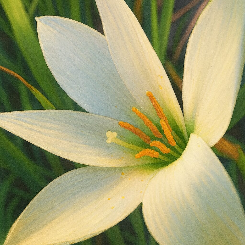 日本の秋に咲くタマスダレの白い花を斜めから描いたイラスト